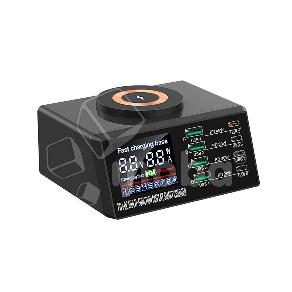 Зарядная станция (110W, 8 портов, 4USB-QC0.3/4Type-C-PD, Qi 15W, LCD)