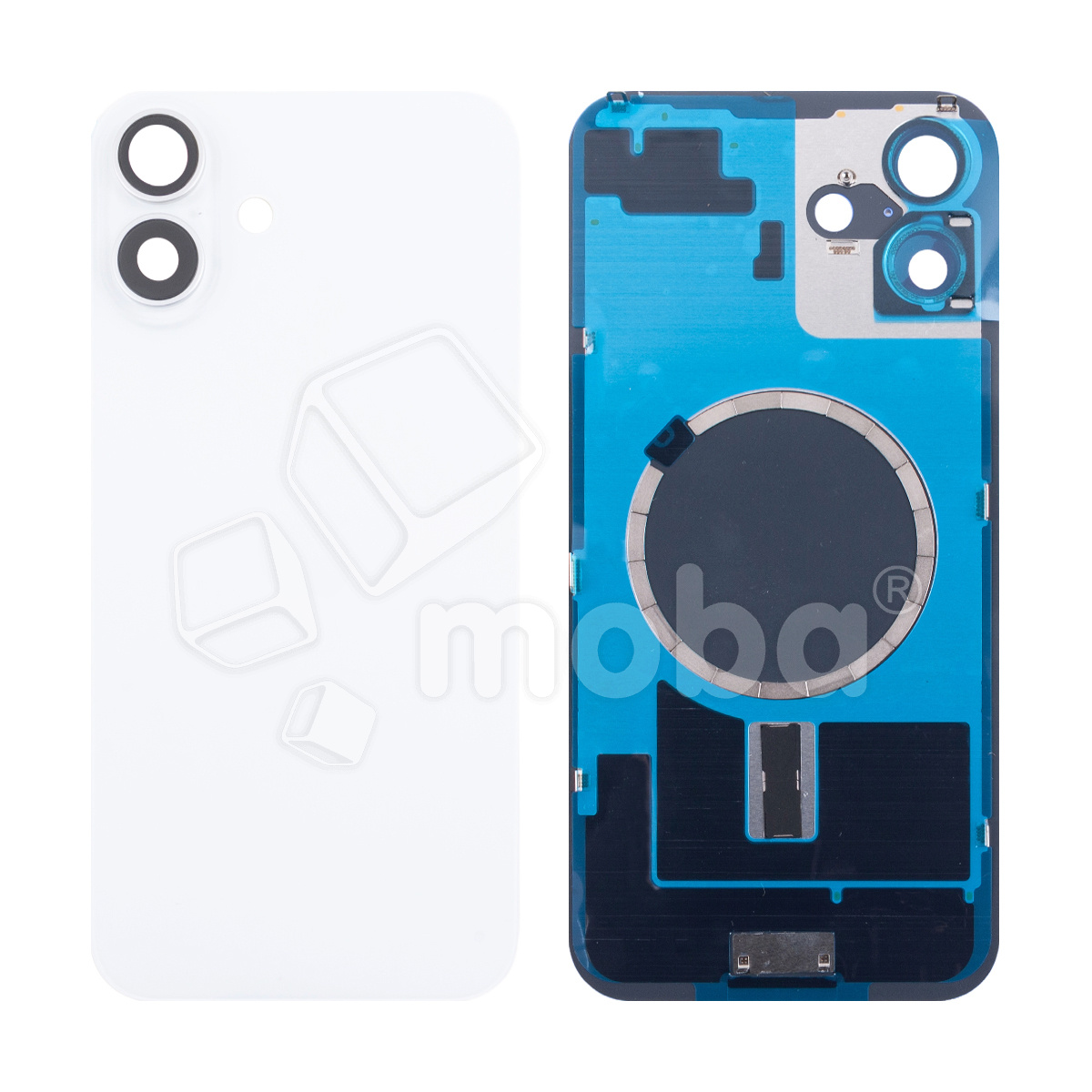 Задняя крышка для iPhone 16 (A3287) в сборе со стеклом камеры Белый (стекло, монолит, MagSafe, логотип) - Премиум