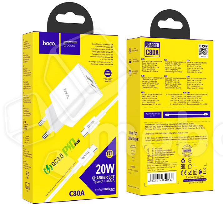Сетевое зарядное устройство USB/Type-C Hoco C80A (20W, QC3.0, PD, 2 порта, кабель Type-C-Type-C) Белый