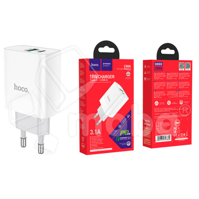 Сетевое зарядное устройство USB/Type-C Hoco C80A (20W, QC3.0, PD, 2 порта,) Белый