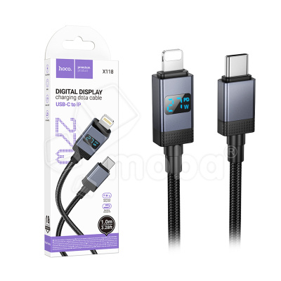 Кабель Type-C - Lightning Hoco X118 (3A, 27W, PD, оплетка нейлон, с дисплеем) Черный